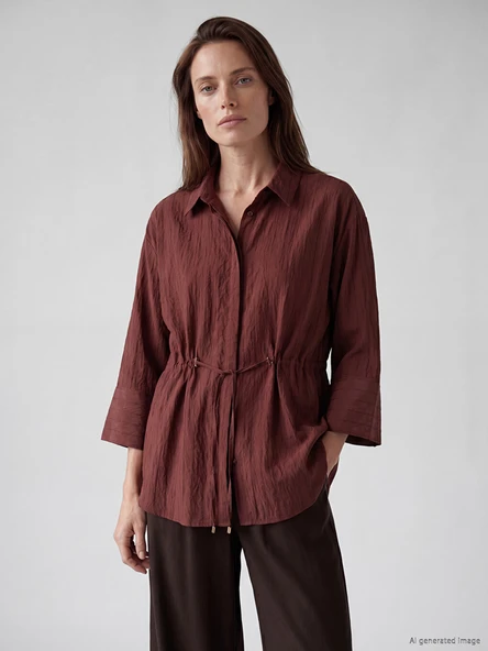 LCW EVERYDAY Kahverengi Çizgili Oversize Armürlü Kadın Gömlek ürün görseli 1