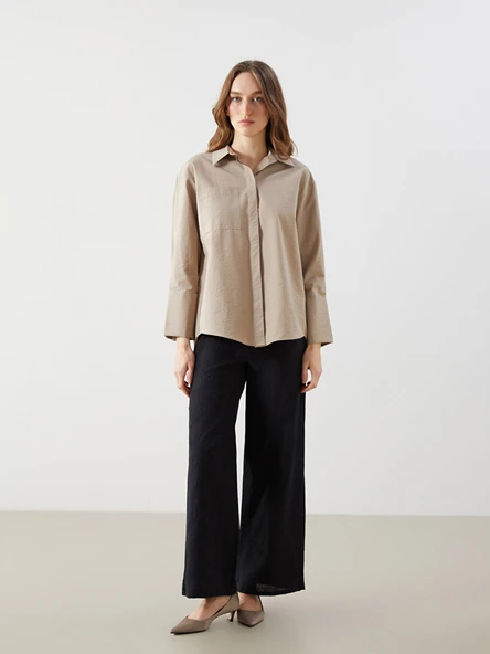 LCW Modest Bej Oversize Poplin Kadın Gömlek Tunik - Resim 2