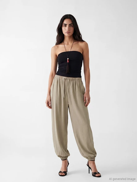 LCW Vision Bej Beli Lastikli Kadın Jogger Pantolon ürün görseli 1