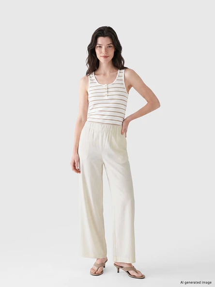 LCW Comfort Bej Beli Lastikli Geniş Paça Kadın Pantolon ürün görseli 1