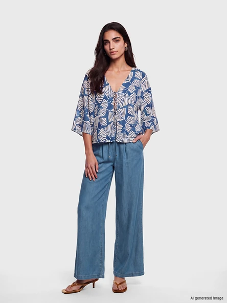 LCW Jeans İndigo Beli Lastikli Wideleg Fit Kadın Jean Pantolon ürün görseli 1
