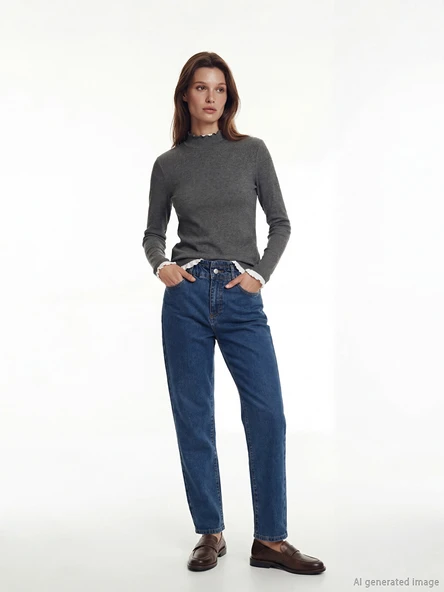 LCW Modest İndigo Beli Lastikli Mom Fit Kadın Jean Pantolon ürün görseli 1