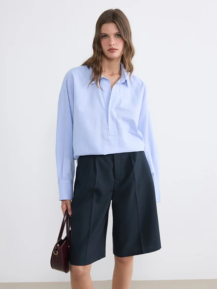LCWAIKIKI Classic Mavi Gömlek Yaka Oversize Oxford Bluz ürün görseli 1