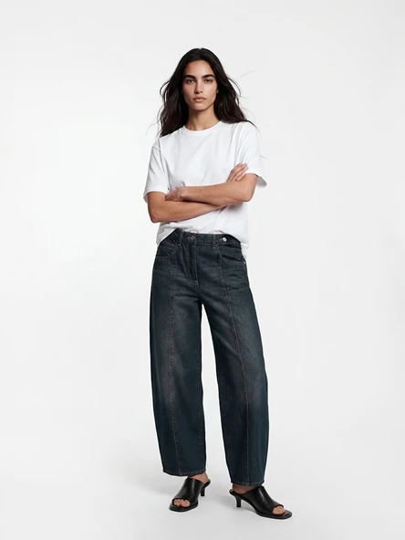 LCW Jeans İndigo Beli Kemerli Barrel Fit Kadın Jean Pantolon ürün görseli 1