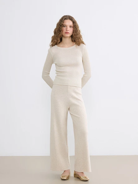 LCW Modest Bej Beli Lastikli Geniş Paça Kadın Triko Pantolon ürün görseli 1