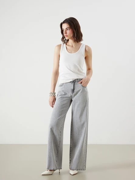 LCW Jeans Gri Wideleg Kadın Jean Pantolon ürün görseli 1
