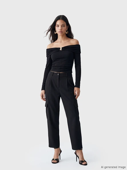 LCW Vision Siyah Loose Fit Kadın Pileli Kargo Pantolon ürün görseli 1