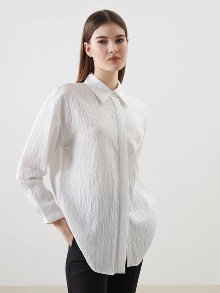 LCW Modest Ekru Çizgili Oversize Kadın Gömlek Tunik ürün görseli 1