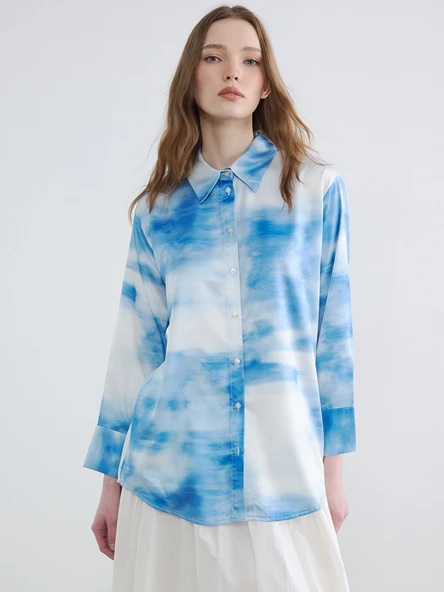 LCW Modest Mavi Batik Saten Kadın Gömlek Tunik ürün görseli 1