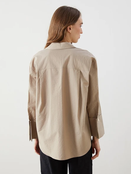 LCW Modest Bej Oversize Poplin Kadın Gömlek Tunik - Resim 4
