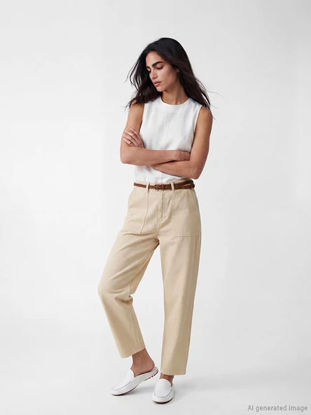 LCW Jeans Bej Beli Kemerli Carrot Fit Kadın Jean Pantolon ürün görseli 1