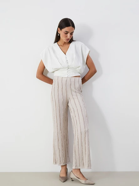 LCWAIKIKI Classic Gri Beli Lastikli Dokulu Geniş Paça Kadın Pantolon ürün görseli 1