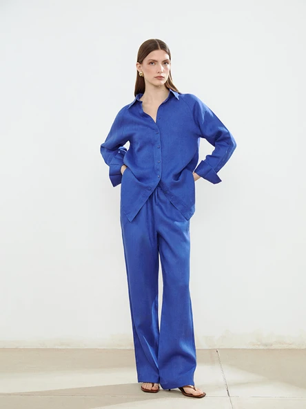 LCW Modest Mavi Beli Lastikli %100 Keten Kadın Pantolon ürün görseli 1
