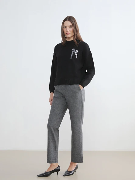 LCW Comfort Gri Beli Lastikli Desenli Kadın Pileli Pantolon ürün görseli 1