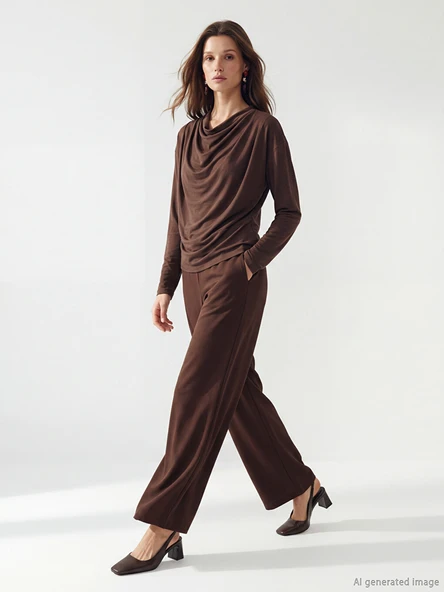 LCW Modest Kahverengi Beli Lastikli Geniş Paça Kadın Pantolon ürün görseli 1