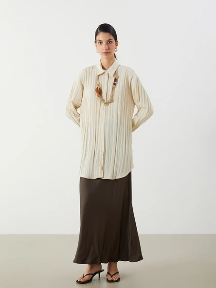LCW Modest Bej Dokulu Kadın Gömlek Tunik - Resim 4