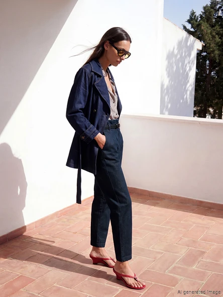 LCWAIKIKI Classic İndigo Beli Kemerli Slim Mom Kadın Jean Pantolon ürün görseli 1