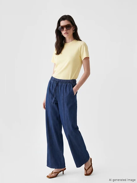 LCW Comfort İndigo Beli Lastikli Wideleg Kadın Jean Pantolon ürün görseli 1