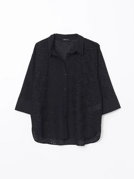 LCW Vision Siyah Ajurlu Oversize Kadın Gömlek - Resim 5