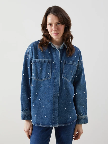 LCW Comfort İndigo Gömlek Yaka Boncuklu Oversize Kadın Jean Tunik ürün görseli 1