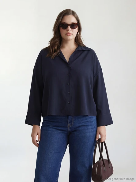 LCW Vision Lacivert Oversize Kadın Gömlek - Resim 2