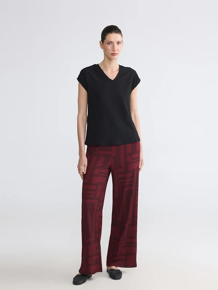 LCW EVERYDAY Bordo Beli Lastikli Geometrik Desenli Kadın Pantolon ürün görseli 1