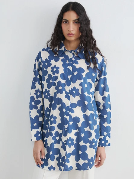 LCW Modest Mavi Desenli Oversize Kadın Gömlek Tunik ürün görseli 1