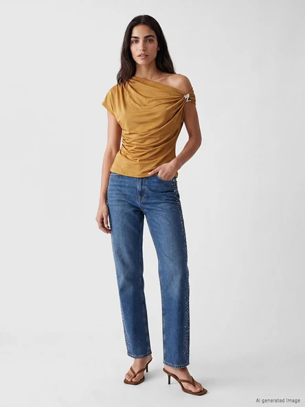 LCW Jeans İndigo Straight Fit Taşlı Kadın Jean Pantolon ürün görseli 1