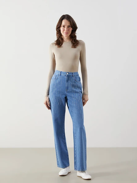 LCW Comfort İndigo Beli Lastikli Straight Fit Taşlı Kadın Jean Pantolon ürün görseli 1