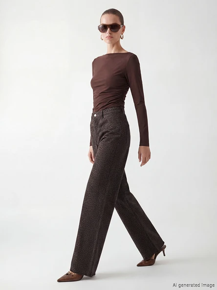 LCW Modest Kahverengi Wideleg Leopar Desenli Kadın Jean Pantolon ürün görseli 1
