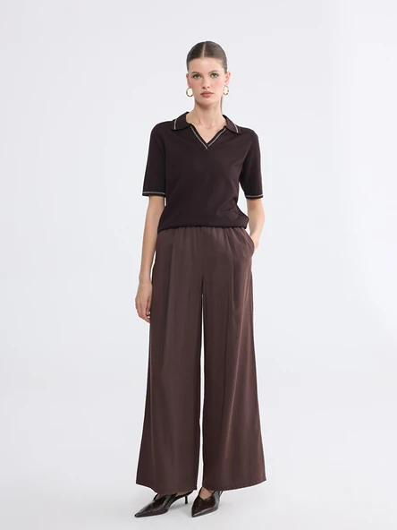 LCWAIKIKI Classic Kahverengi Beli Lastikli Geniş Paça Kadın Pantolon ürün görseli 1