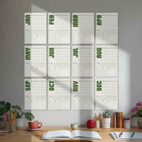 Tarihsiz Aylık Planlayıcı Takvim, Matcha Yeşil Retro Organizer Duvar Planlayıcı ürün görseli 1