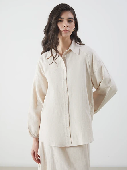 LCW Modest Bej Oversize Müslin Kadın Gömlek ürün görseli 1