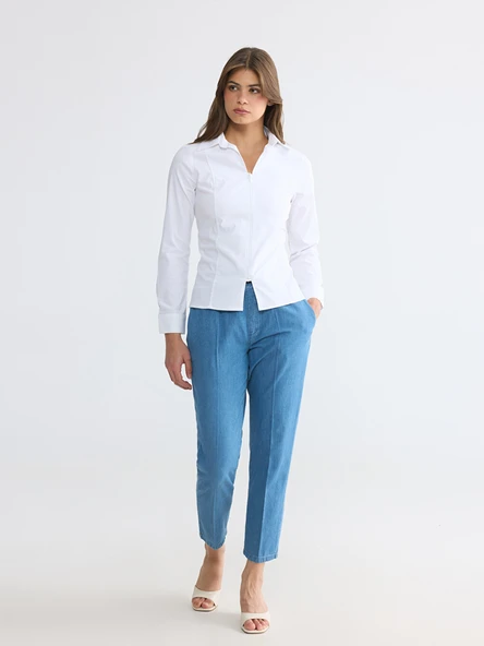 LCWAIKIKI Classic Mavi Carrot Fit Keten Karışımlı Kadın Jean Pantolon ürün görseli 1