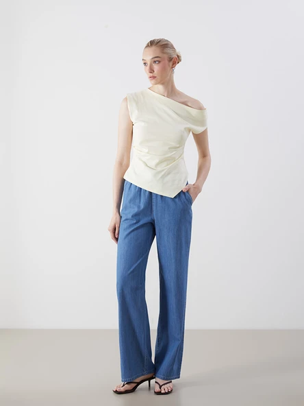 LCW Jeans İndigo Beli Lastikli Wideleg Kadın Jean Pantolon ürün görseli 1