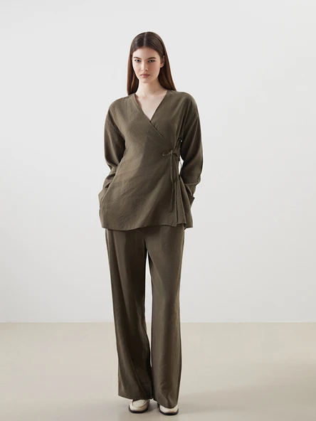 LCW Modest Haki Beli Lastikli Geniş Paça Kadın Pantolon ürün görseli 1
