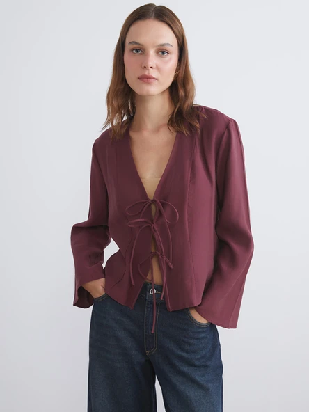 LCW Vision Bordo V Yaka Modal Karışımlı Bağlamalı Bluz ürün görseli 1