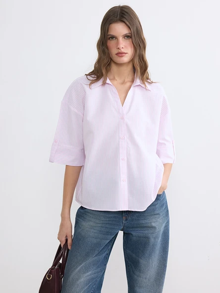 LCWAIKIKI Classic Pembe Çizgili Poplin Kadın Gömlek ürün görseli 1