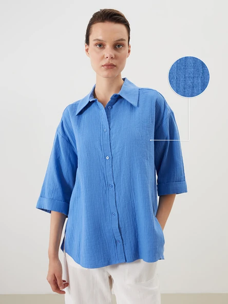 LCW Comfort Mavi Oversize Dokulu Kadın Gömlek ürün görseli 1