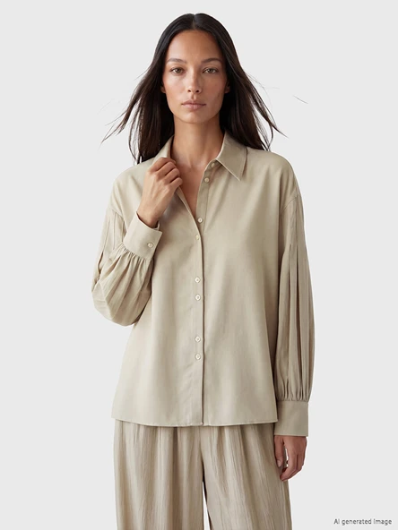 LCW Modest Bej Loose Fit Pileli Kadın Gömlek ürün görseli 1