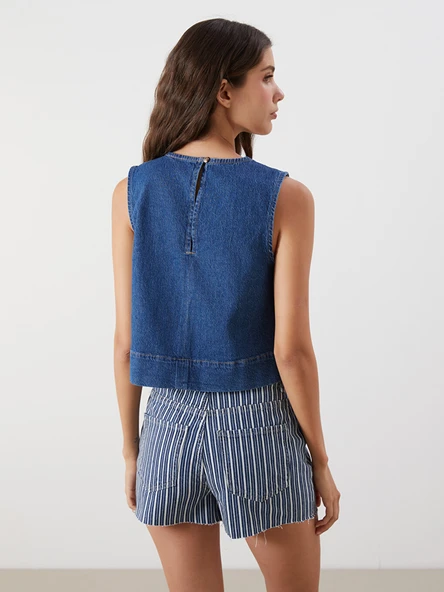 LCW Vision İndigo Bisiklet Yaka Jean Bluz - Resim 4