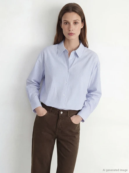 LCW Modest Mavi Çizgili Poplin Kadın Gömlek ürün görseli 1