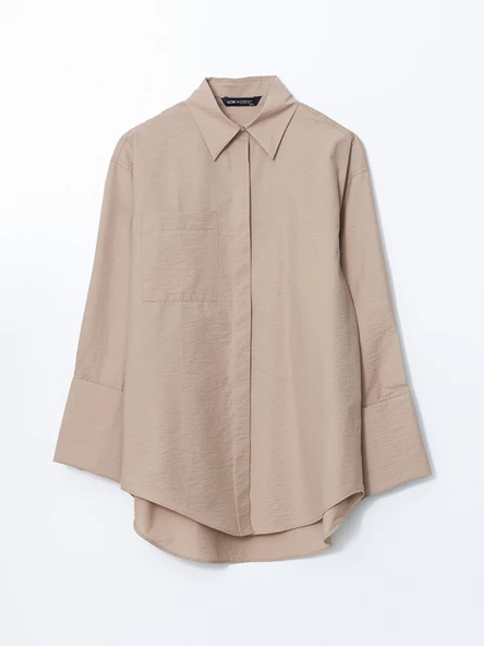 LCW Modest Bej Oversize Poplin Kadın Gömlek Tunik - Resim 5