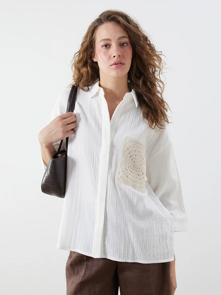 LCWAIKIKI Classic Ekru Nakışlı Oversize Kadın Gömlek ürün görseli 1