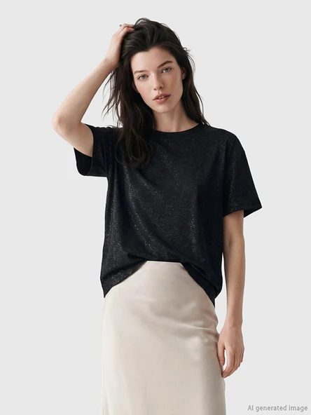 LCW Comfort Siyah Bisiklet Yaka Desenli Bluz ürün görseli 1