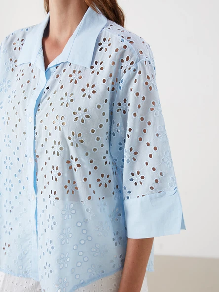 LCW Vision Mavi Oversize Kadın Gömlek - Resim 3