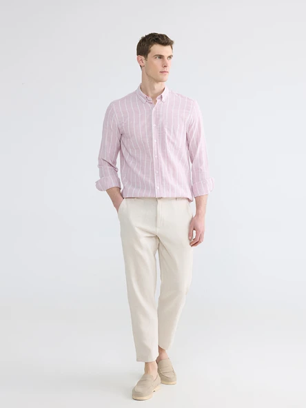 LCWAIKIKI Classic Bej Regular Fit Keten Karışımlı Erkek Chino Pantolon ürün görseli 1