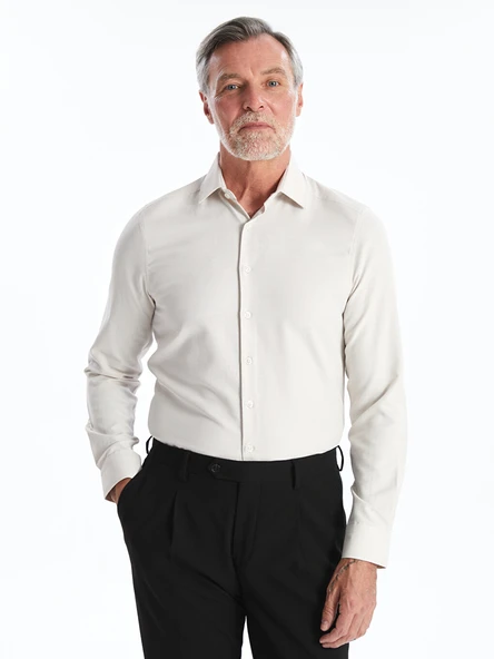 LCW BUSINESS Bej Slim Fit Uzun Kollu Armürlü Erkek Dokulu Gömlek ürün görseli 1