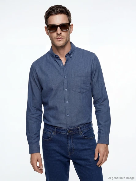LCWAIKIKI Classic İndigo Regular Fit Keten Karışımlı Erkek Gömlek ürün görseli 1