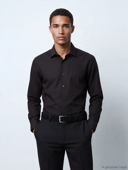 LCW BUSINESS Siyah Slim Fit Gabardin Erkek Gömlek ürün görseli 1